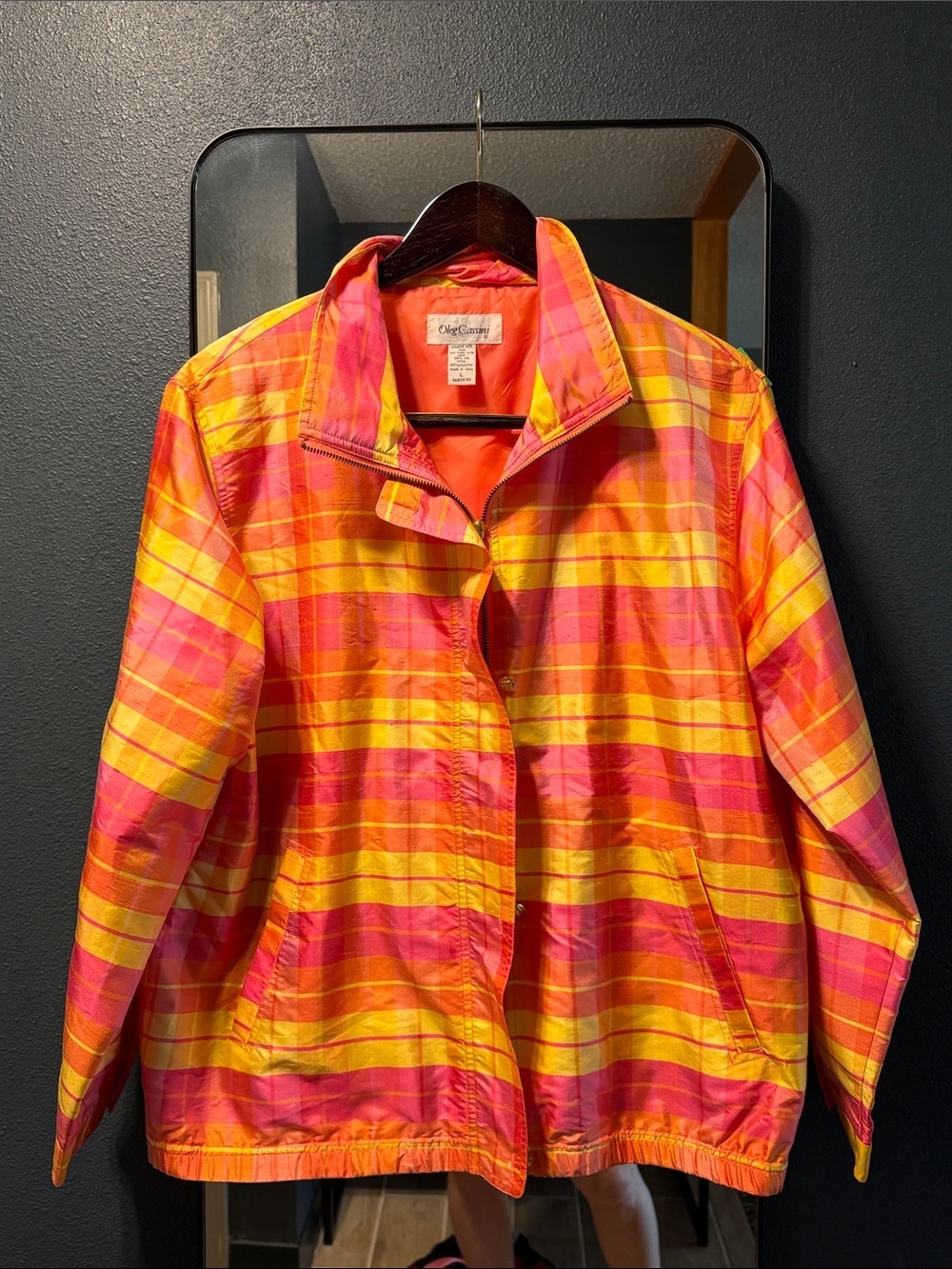 Vintage Oleg Cassini Pink and Yellow Plaid Bomber Jacket